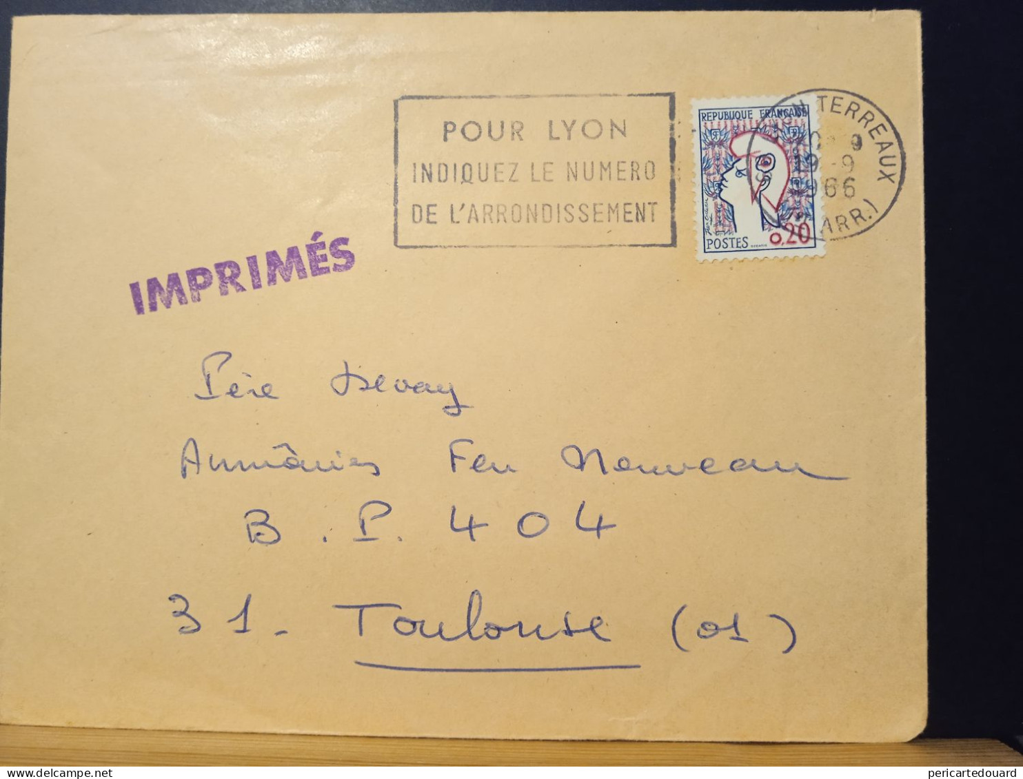 Marianne De Cocteau 1282 Sur Lettre Lyon Terreaux Le 19/09/1966 - 1961 Marianne (Cocteau)