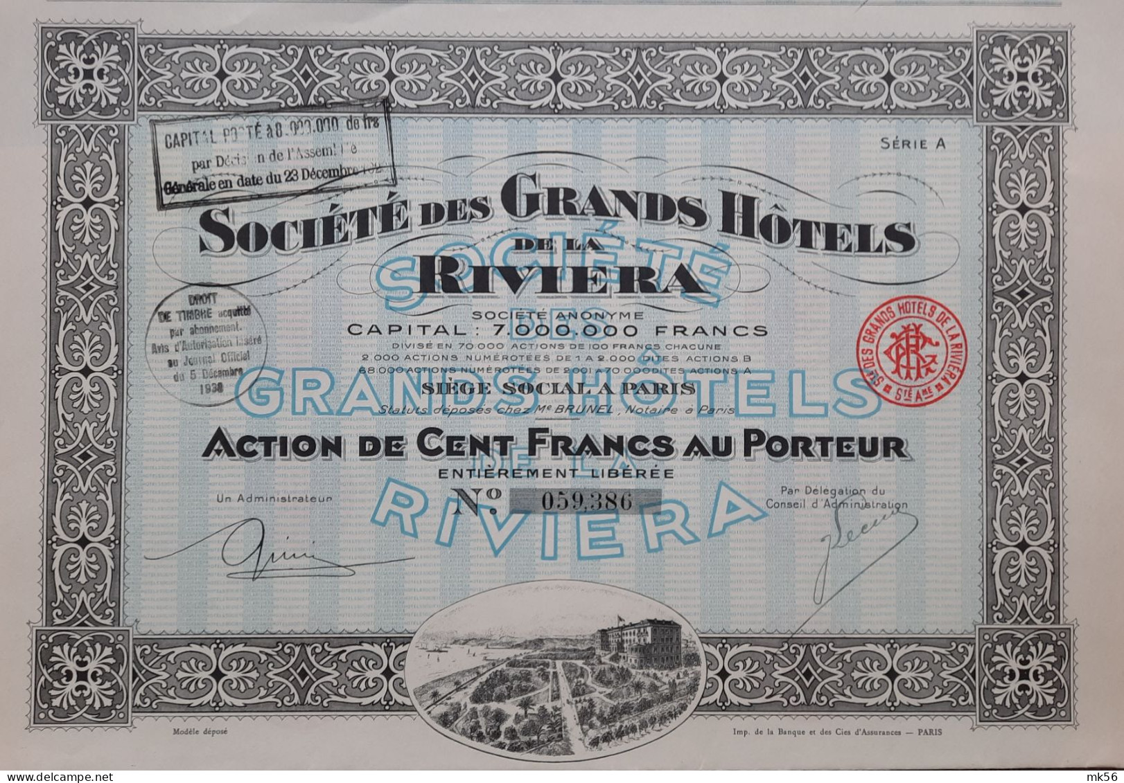 Société Des Grands Hôtels De La Riviera - Paris - Action De 100 Fr - 1930 - Turismo