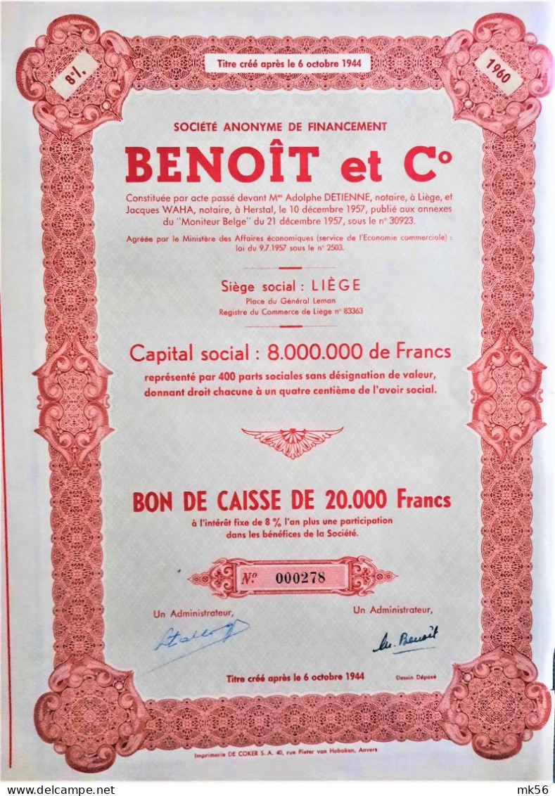 Benoit Et C° - Bon De Caisse De 20,000 Francs - Liege  1960 - Banque & Assurance