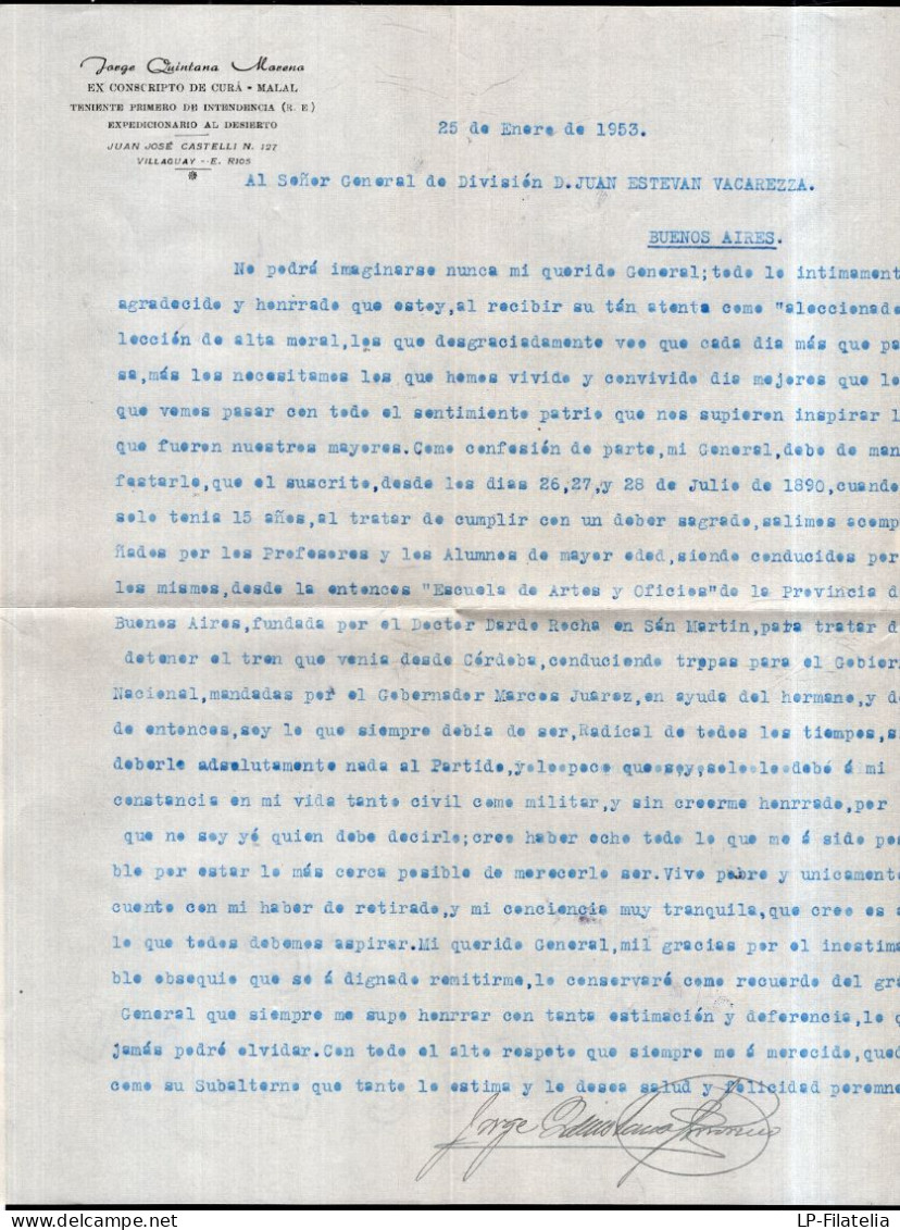 Argentina - 1953 - Letter - "Al General De Division Juan Esteban Vacarezza" - Covers & Documents