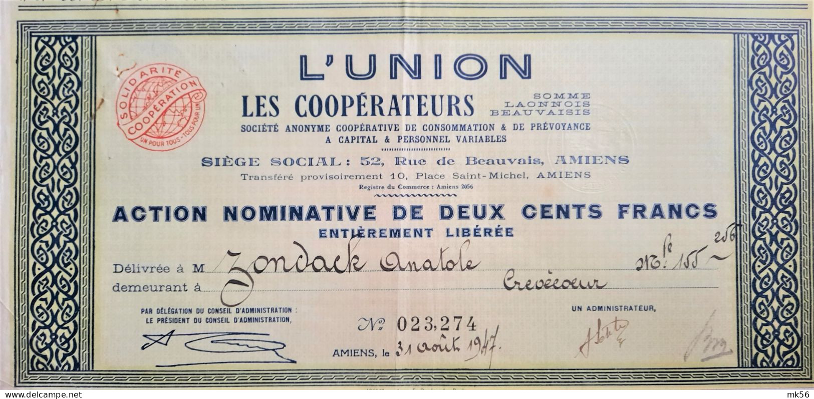 S.A. Coopérative De Consommation & De Prévoyance "L'Union" - Action Nominative Au Nom De Zondac Anatole - 1947 - Amiens - Casino'
