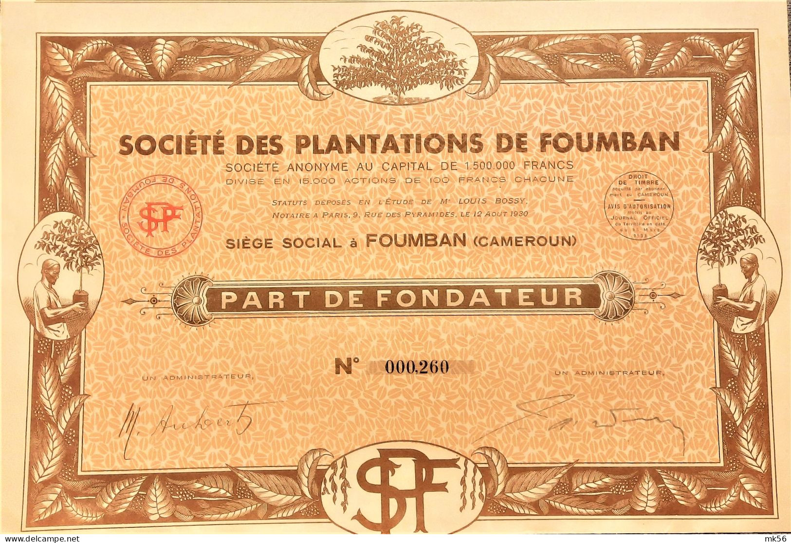 S.A. Société Des Plantations  De Foumban (1930) Cameroun - Deco ! - Landwirtschaft