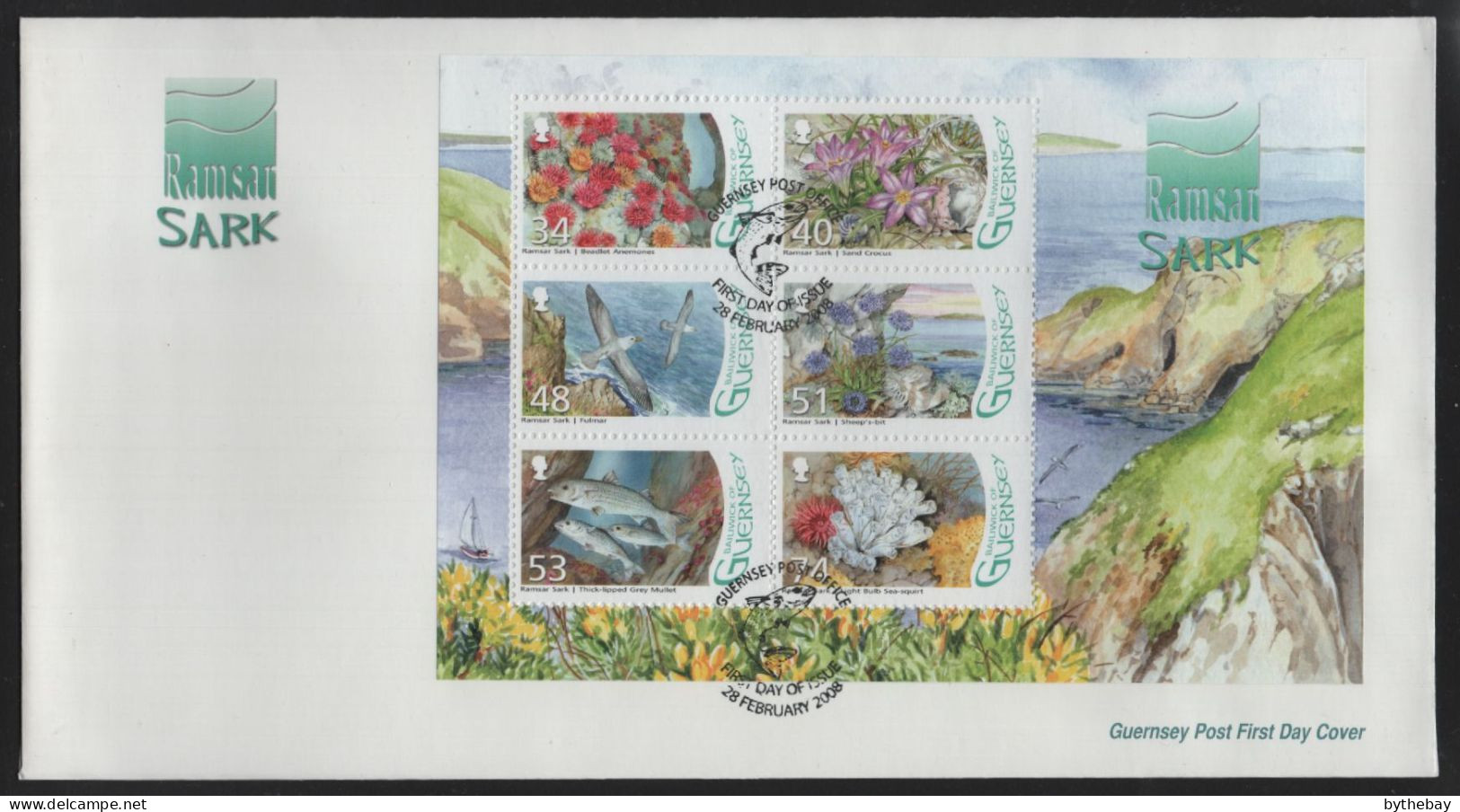 Guernsey 2008 FDC Sc 977a Flora And Fauna Gouliot Headland And Caves, Sark Sheet Of 6 - Guernesey