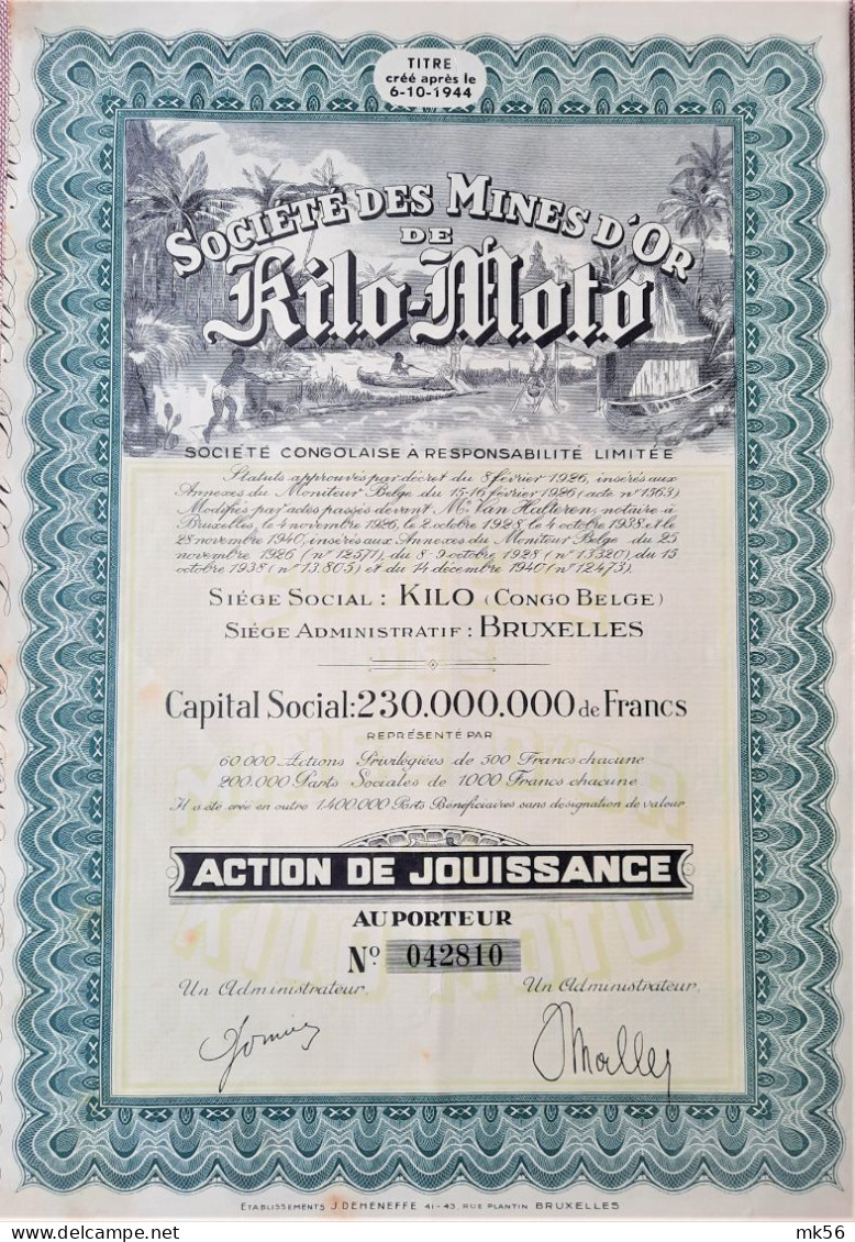 Société Des Mines D'or De Kilo-moto - Action De Jouissance - 1938 - Afrika