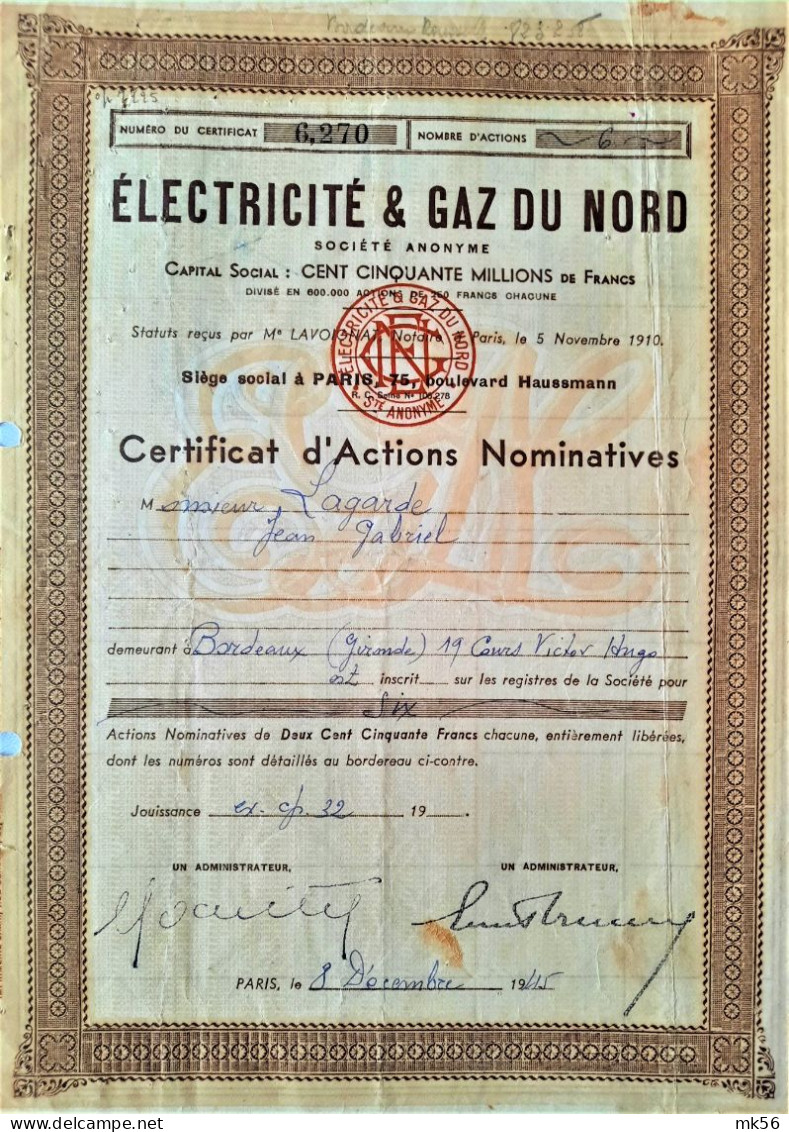 Electricité Et Gaz Du Nord - 1910 - Paris - Action Nominative - Electricité & Gaz