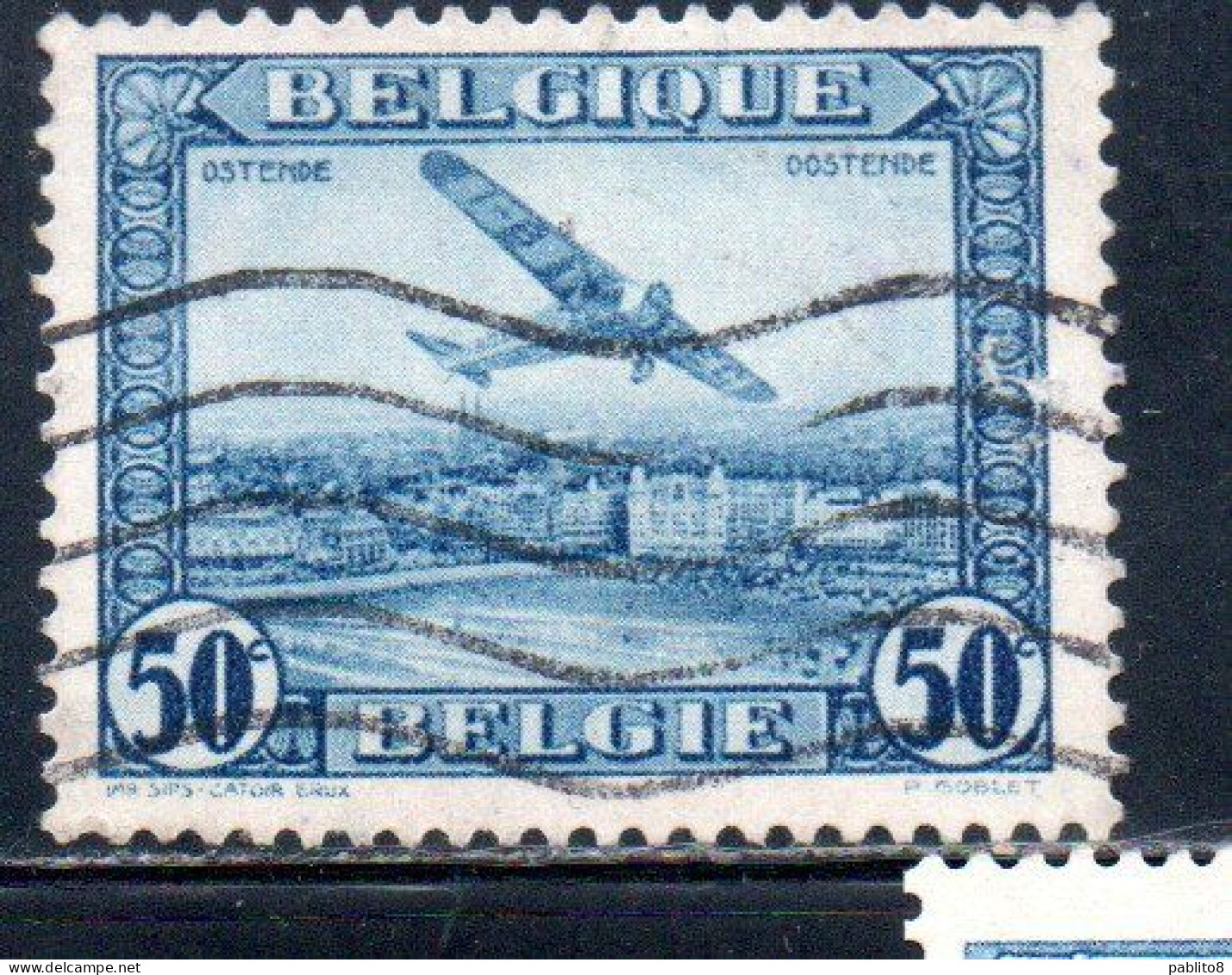 BELGIQUE BELGIE BELGIO BELGIUM 1930 AIR POST MAIL STAMP AIRMAIL FOKKER FVII/3m OVER OSTEND 50c USED OBLITERE' USATO - Used