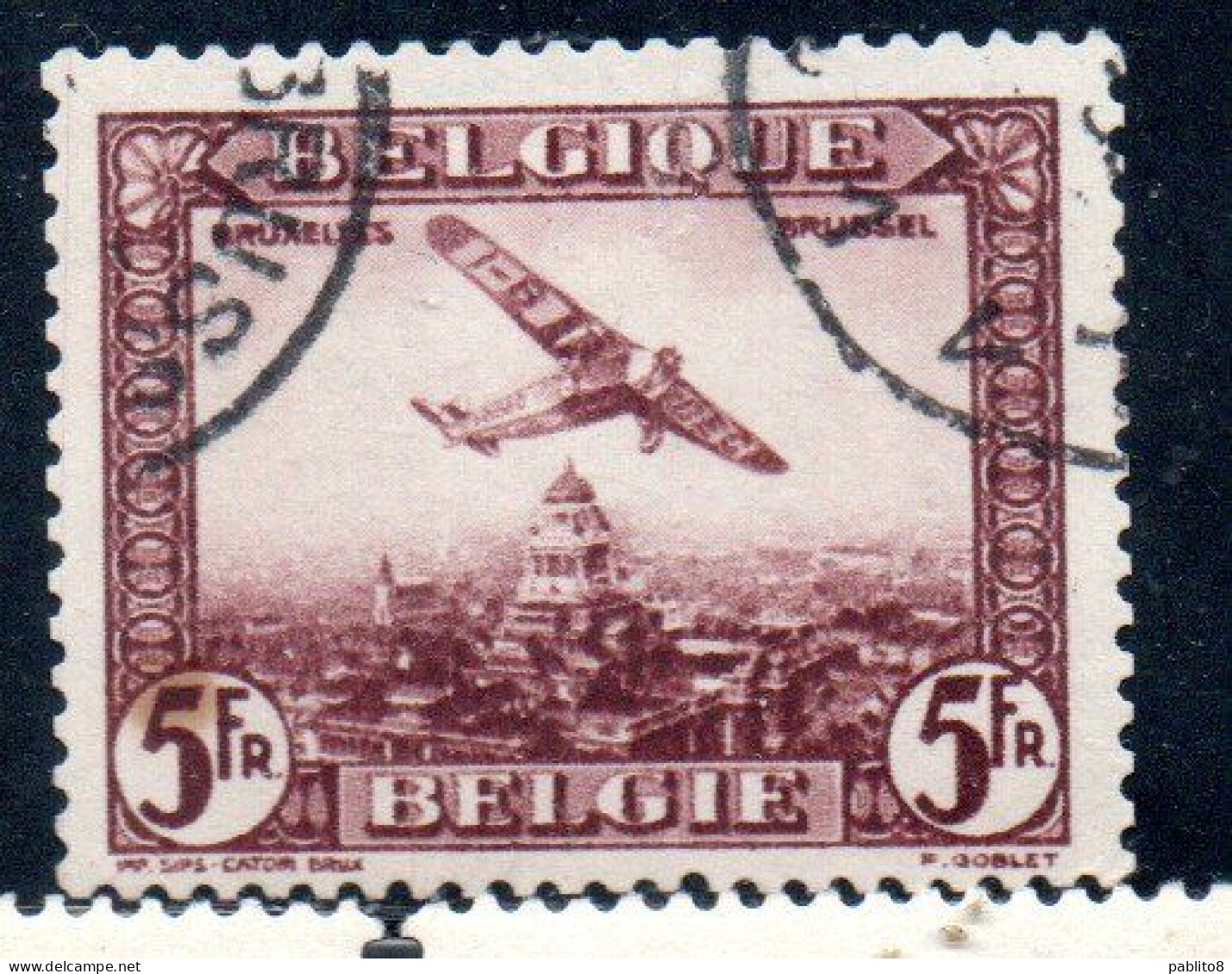 BELGIQUE BELGIE BELGIO BELGIUM 1930 AIR POST MAIL STAMP AIRMAIL FOKKER FVII/3m OVER BRUSSELS 5fr USED OBLITERE' USATO - Oblitérés