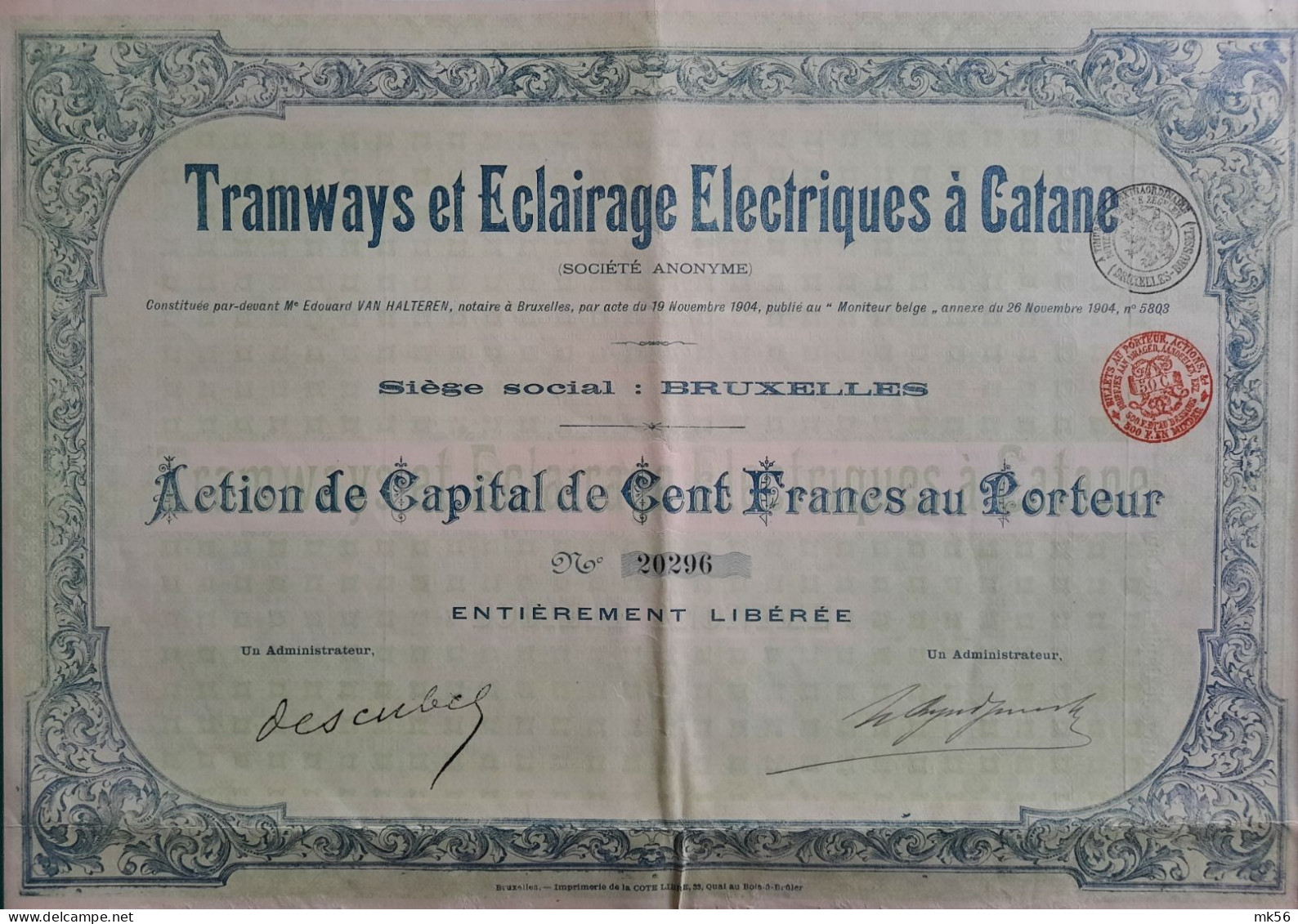 Tramways Et Eclairage Electriques à Catane - 1904 - Action De Capita De 100 Francs - Ferrocarril & Tranvías