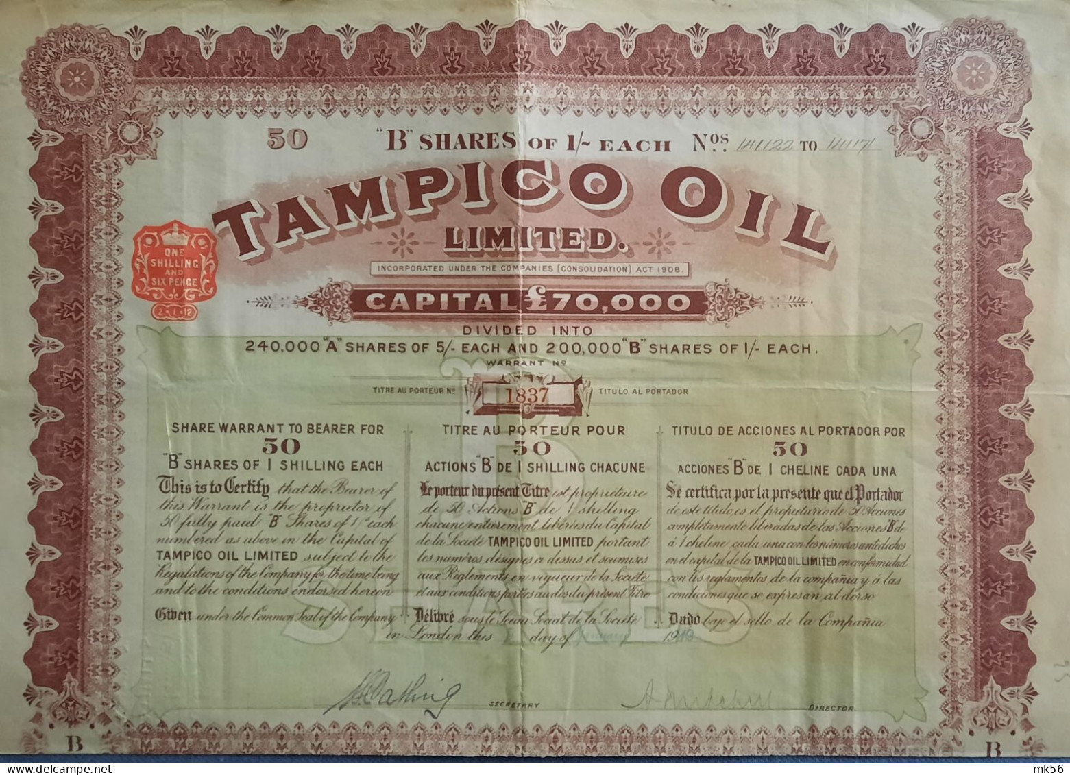 Tampico Oil Ltd - 1919 - London - Share Warrant To Bearer For 50 B-shares - Oil