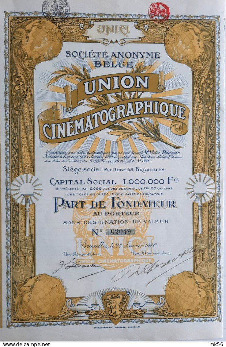 S.A. Belge - Union Cinématographique - Bruxelles - 1920 - Part De Fondateur - Kino & Theater