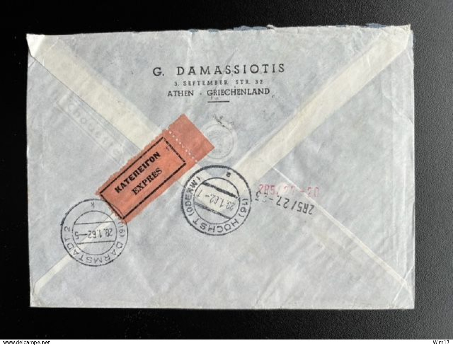 GREECE 1962 EXPRESS LETTER ATHENS ATHINAI TO HOCHST IM ODENWALD 26-01-1962 GRIEKENLAND EXPRES - Cartas & Documentos
