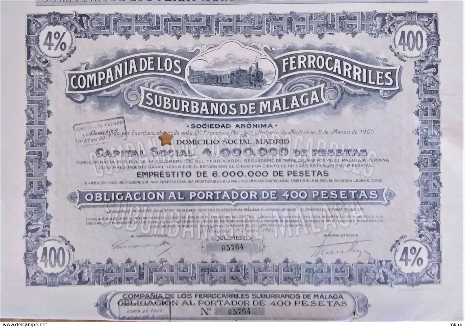 Compania De Los.Ferrocarriles Suburbanos De Malaga-obl.de 400pst (1920) - Madrid - DECO ! - Chemin De Fer & Tramway