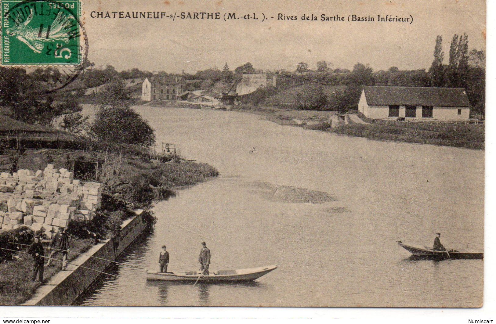 Châteauneuf-sur-Sarthe Animée Rives De La Sarthe Pêcheurs à La Ligne Barques - Chateauneuf Sur Sarthe