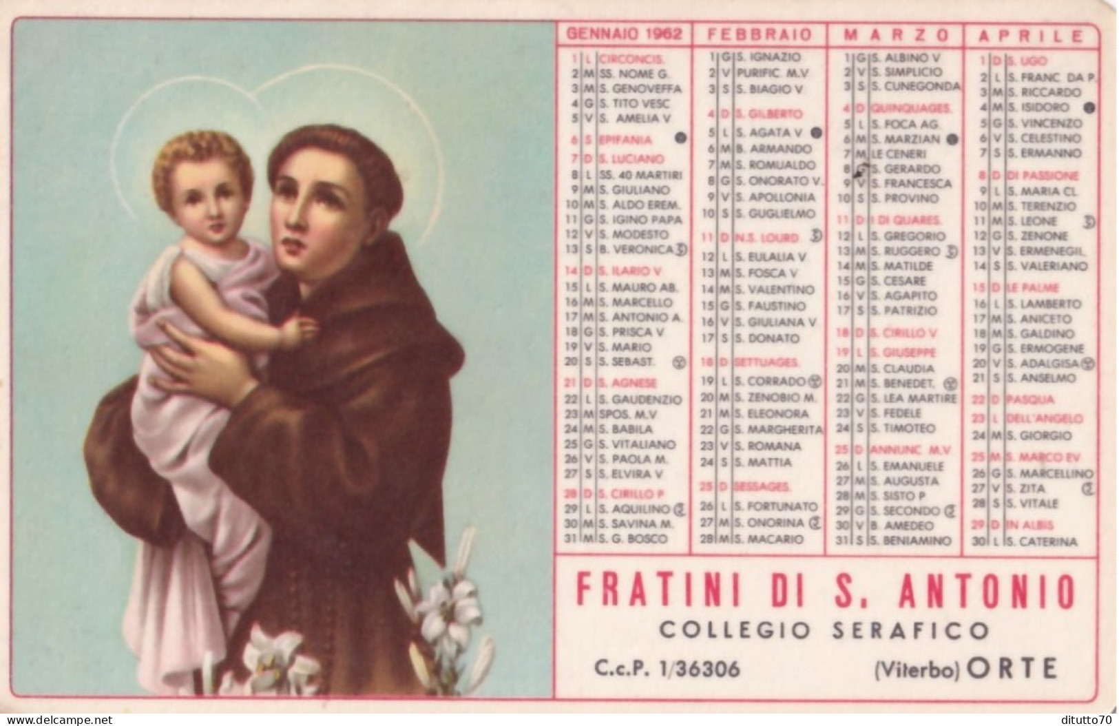 Calendarietto - Fratini Di S.antonio - Collegio Seafico - Viterbo - Orte - Anno 1962 - Kleinformat : 1961-70