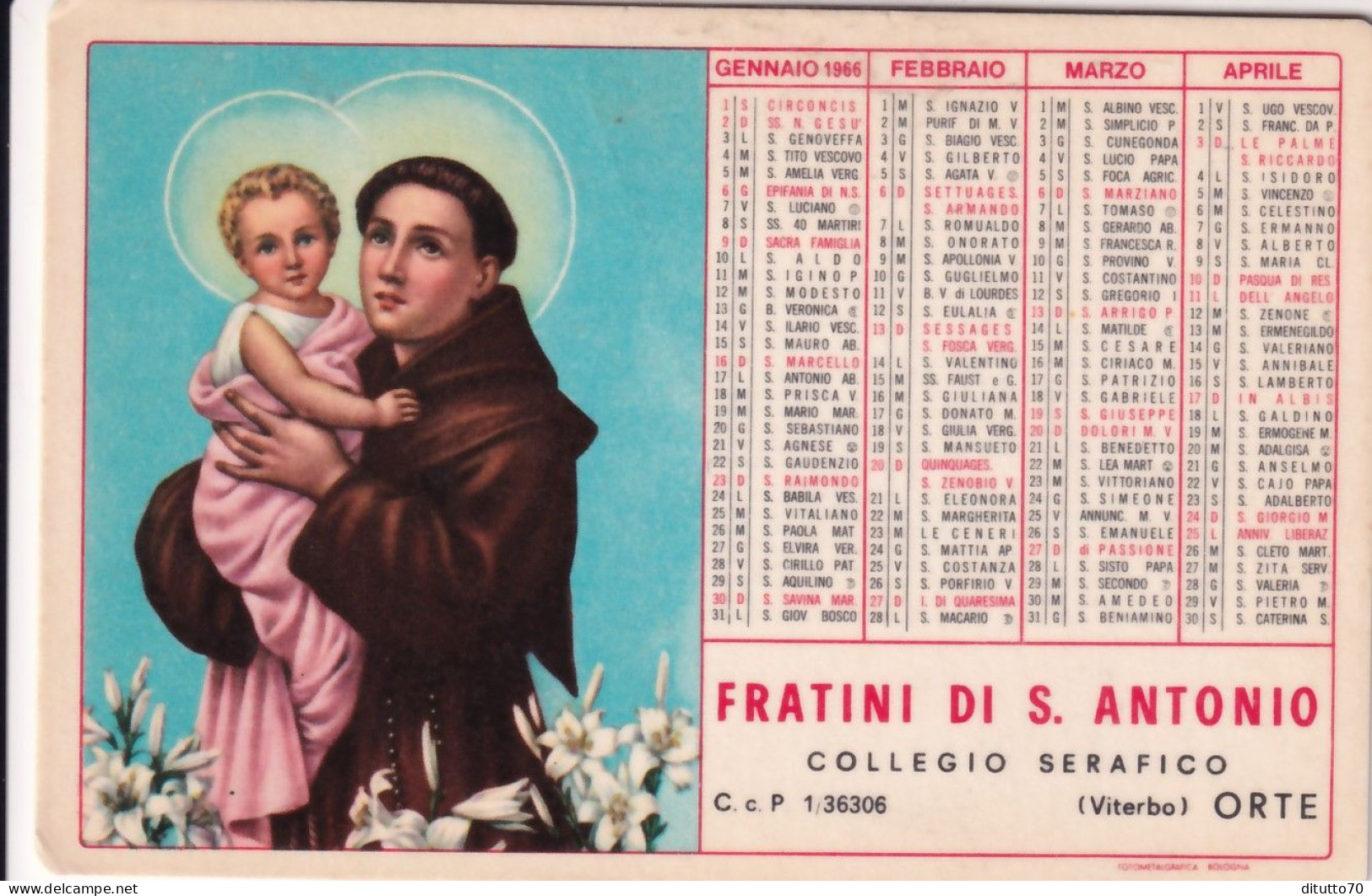 Calendarietto - Fratini Di S.antonio - Collegio Seafico - Viterbo - Orte - Anno 1966 - Kleinformat : 1961-70