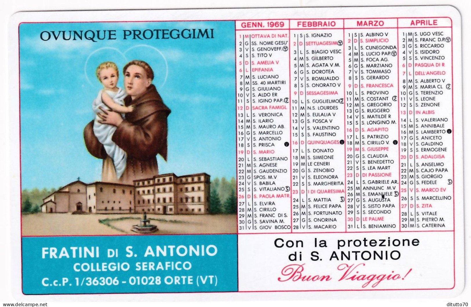 Calendarietto - Fratini Di S.antonio - Collegio Seafico - Viterbo - Orte - Anno 1969 - Small : 1961-70