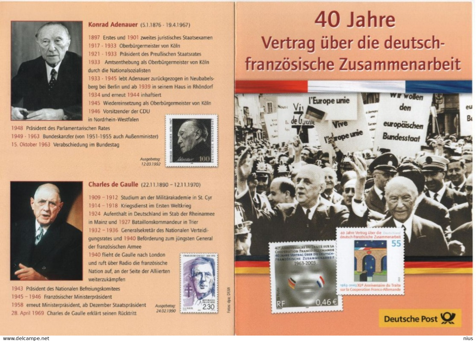 Germany Deutschland 2003 40 Jahre Elysée-Vertrag, France, President Adenauer & De Gaulle, Canceled In Berlin & Paris - 2001-2010