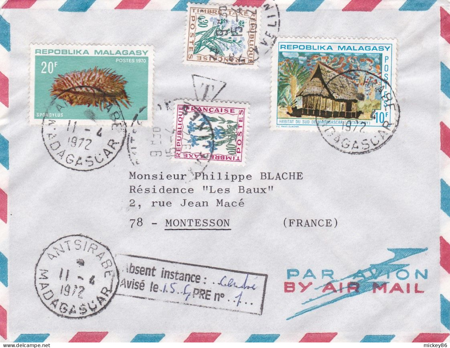 Madagascar -1972 - Lettre Taxée De ANTSIRABE Pour MONTESSON -78 (France) ..beaux Timbres + TT Français.....cachets - Madagascar (1960-...)