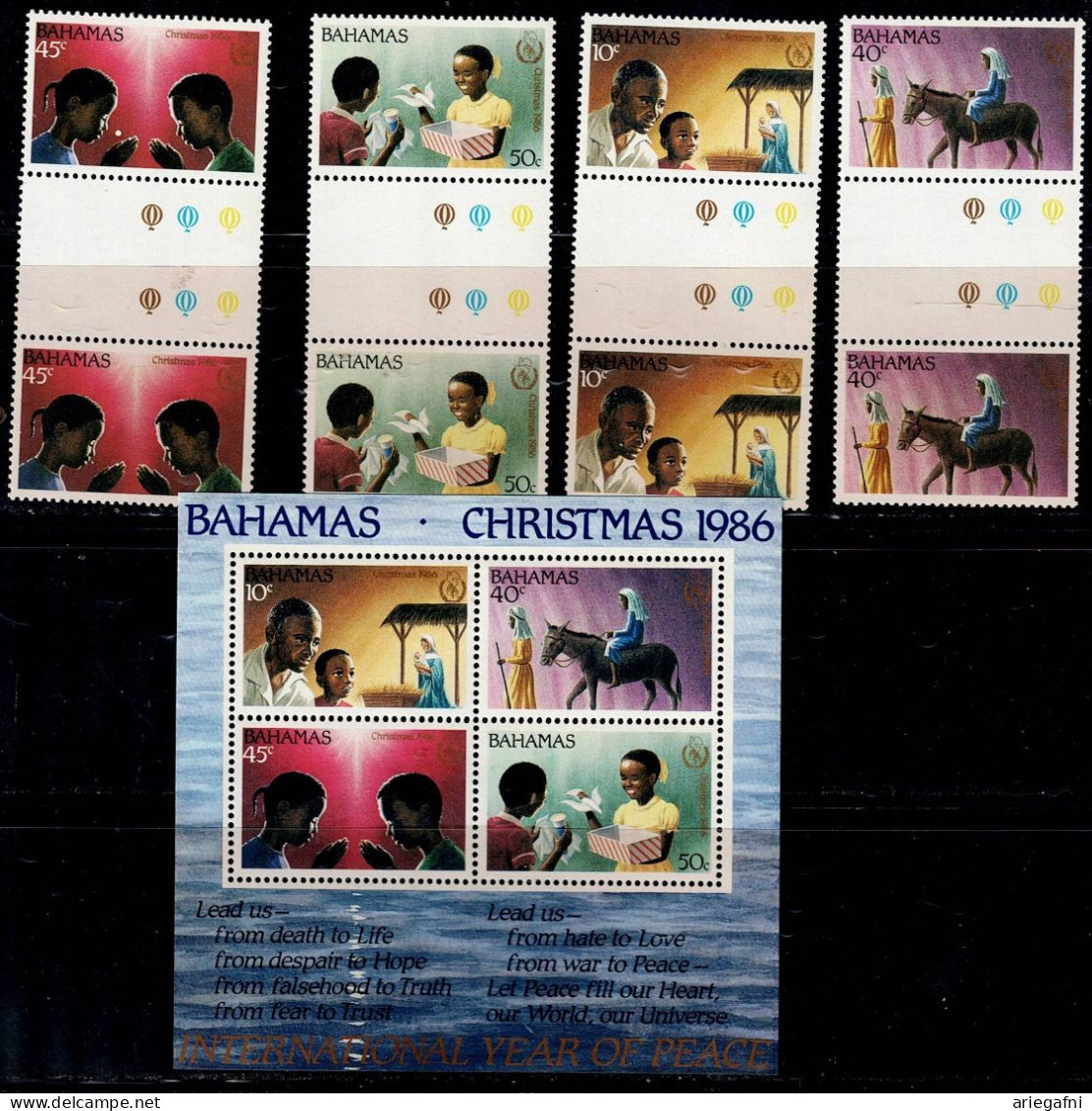 BAHAMAS 1986 CHRISTMAS SET OF PAIR WITH GUTTER + BLOCK  MI No 636-9 + BLOCK 50 MNH VF!! - Bahamas (1973-...)