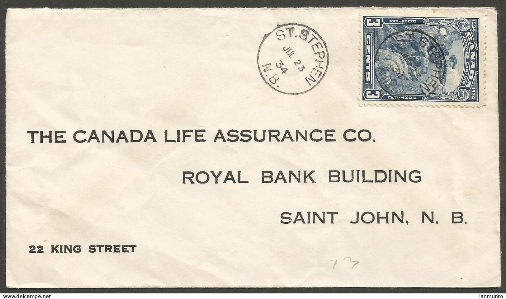 1934 Canada Life Reply Cover 3c Jacques Cartier #208 CDS St Stehpen NB New Brunswick - Histoire Postale