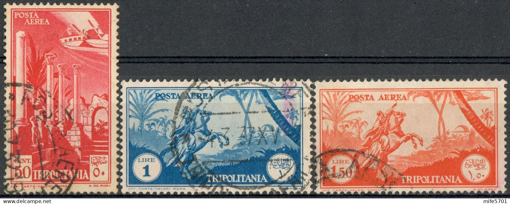 REGNO / COLONIE / TRIPOLITANIA 1931-32 SOGGETTI AFRICANI POSTA AEREA C. 50 / L. 1,00 / L. 1,50 USATI SASSONE A9/A13/A15 - Tripolitania