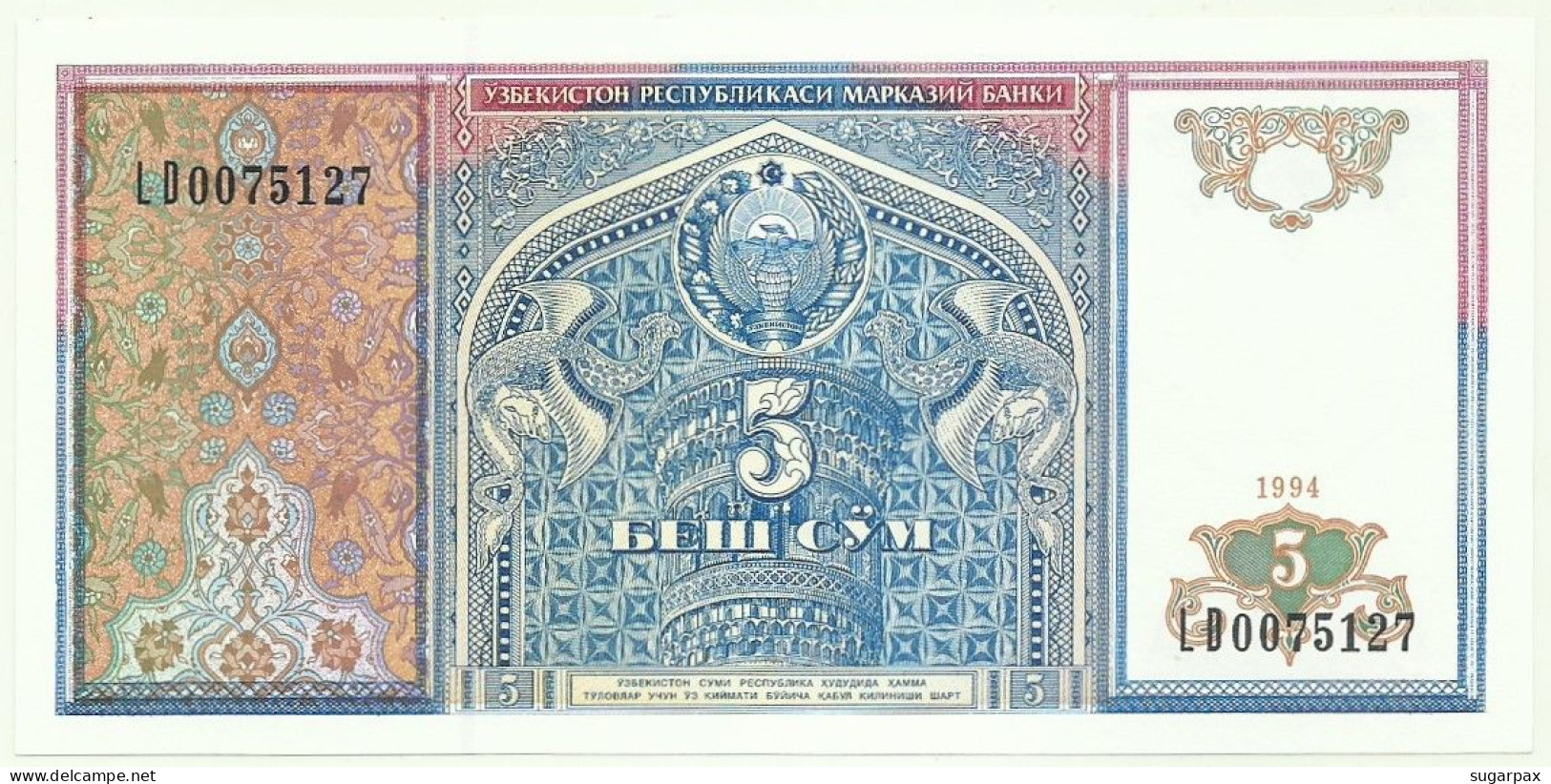 UZBEKISTAN - 5 SUM - 1994 - Pick 75 - Unc. - Serie LD - Uzbekistan