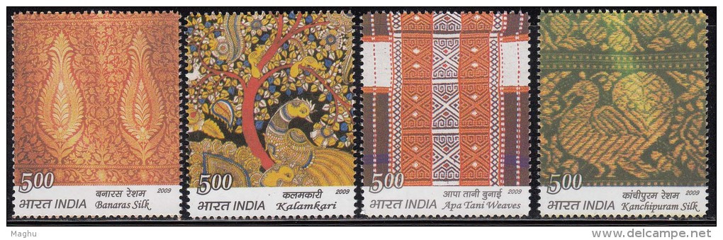 India MNH 2009, Set Of 4, Textiles, Textile, Peacock Design, Squirrel On Tree, Rodent, Art Work - Nuevos