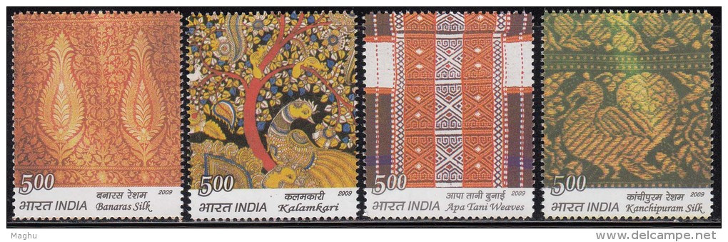 India MNH 2009, Set Of 4, Textiles, Textile, Peacock Design, Squirrel On Tree, Rodent, Art Work - Unused Stamps