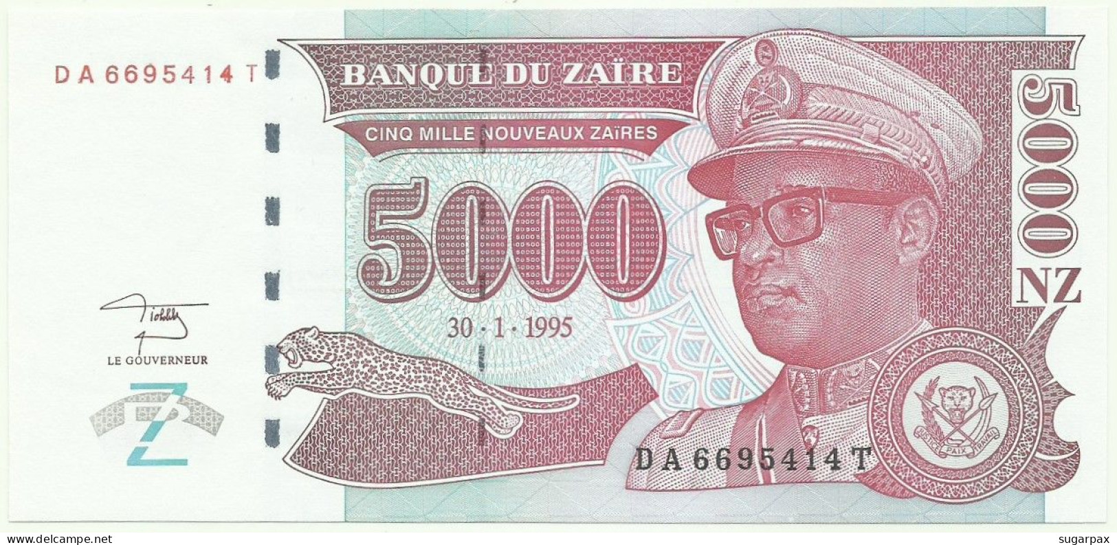 Zaïre - 5000 Nouveaux Zaïres - 30.1.1995 - Pick 69 - Unc. - Sign. 11 - Prefix DA , Sufix T - Mobutu - 5.000 - Zaire