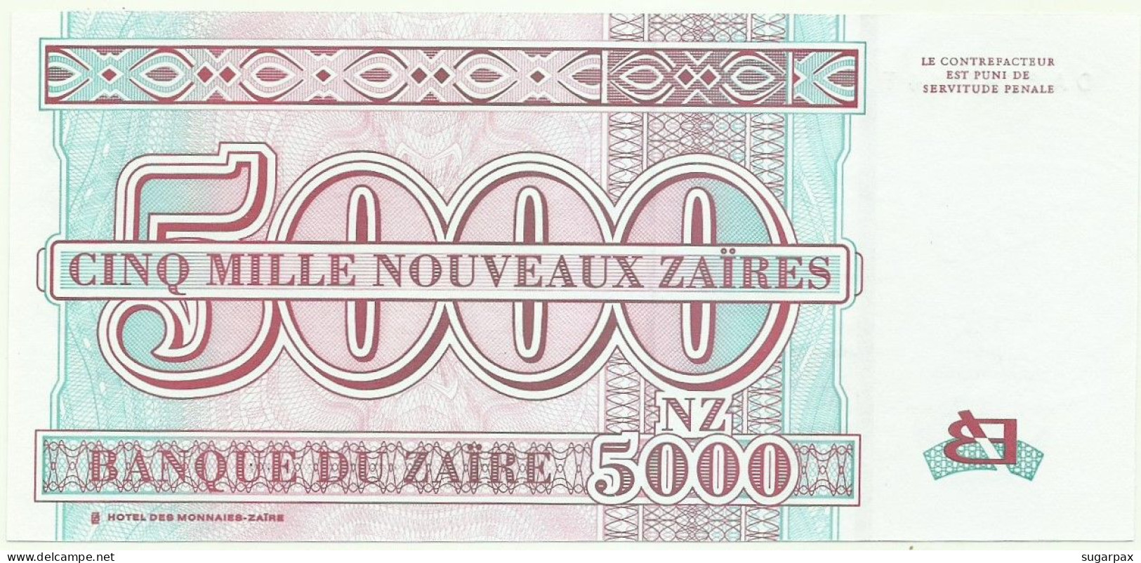 Zaïre - 5000 Nouveaux Zaïres - 30.1.1995 - Pick 69 - Unc. - Sign. 11 - Prefix DA , Sufix T - Mobutu - 5.000 - Zaïre