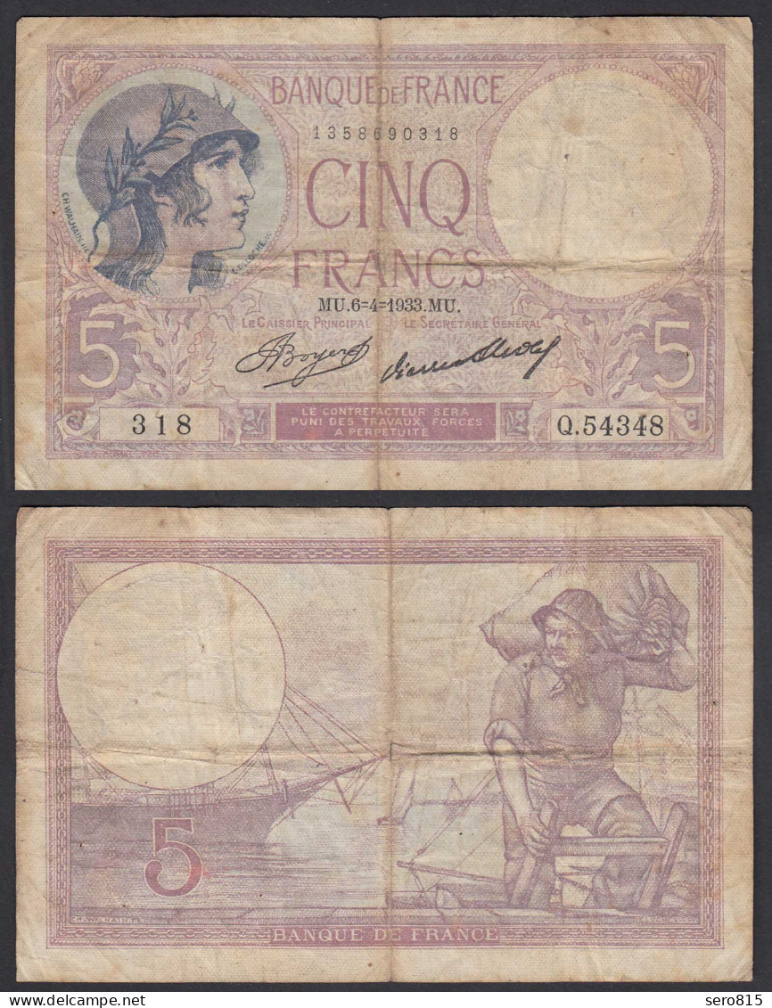 Frankreich - France - 5 Francs Banknote 6-4-1933 Pick 72e VG (5)   (29175 - Andere & Zonder Classificatie