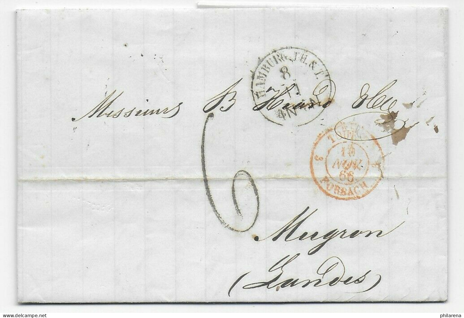 Hamburg: Brief 1866 Nach Mugron über Paris Und Forbach, Frankreich, T&T Stempel - Lettres & Documents