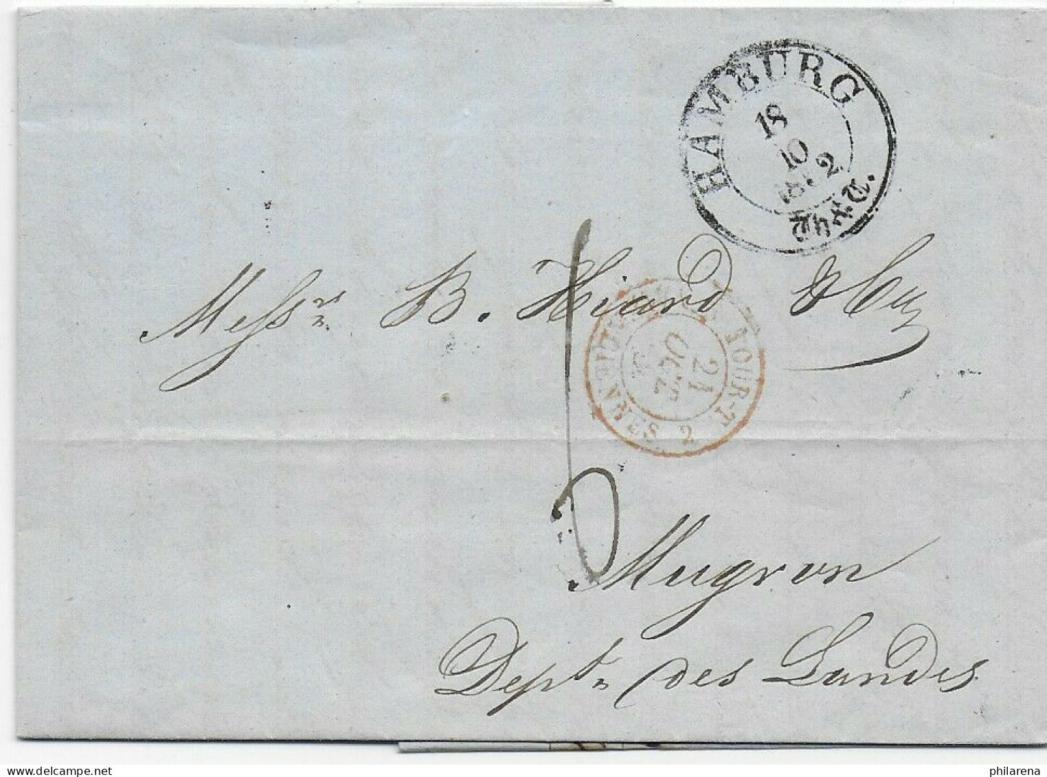 Brief Von Hamburg 1852 Nach Frankreich, Seltener Th. &T Stempel - Briefe U. Dokumente