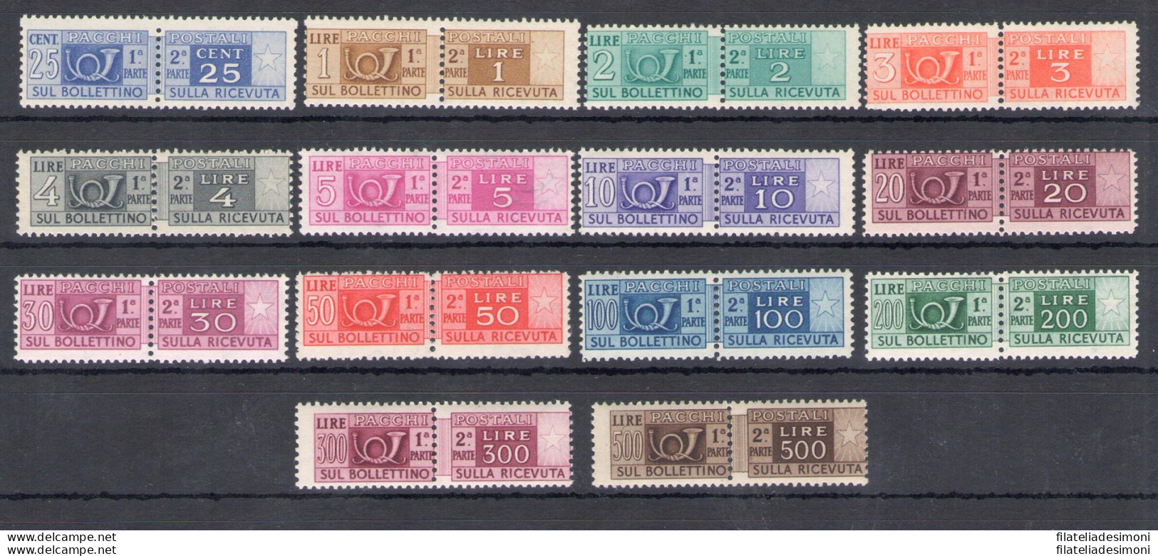 1946-51 Italia - Repubblica, Pacchi Postali Filigrana Ruota, 15 Valori, MNH** - Centratura Mediocre - Postpaketten