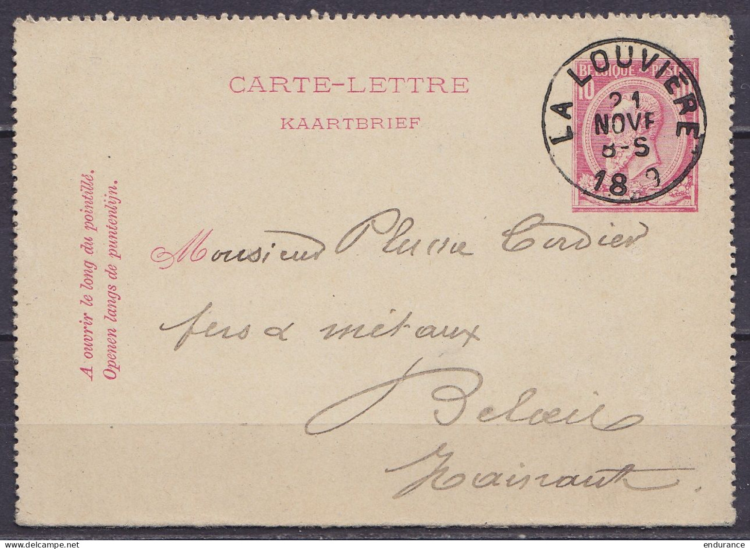 Carte-lettre 10c (N°46) Càd LA LOUVIERE /21 NOV 1889 Pour BELOEIL (au Dos: Càd Arrivée BELOEIL) - Letter-Cards