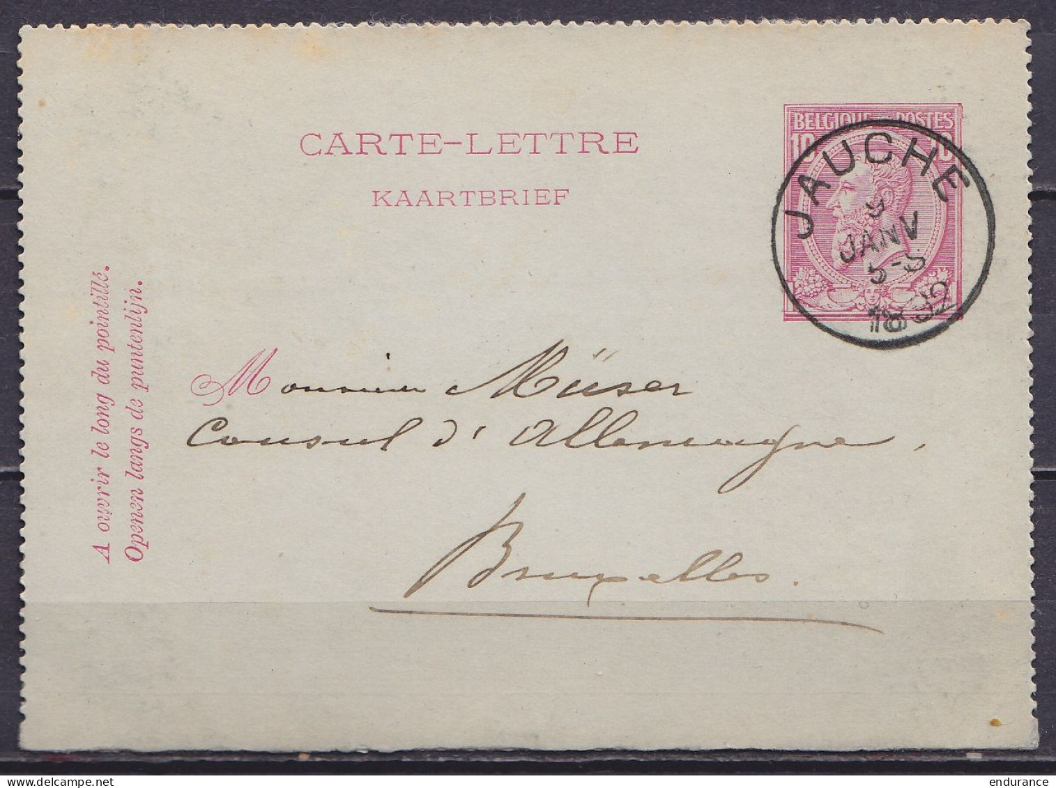 Carte-lettre 10c (N°46) Càd JAUCHE /9 JANV 1892 Pour Conseiller D'Allemagne à BRUXELLES (au Dos: Càd Arrivée BRUXELLES 1 - Kartenbriefe