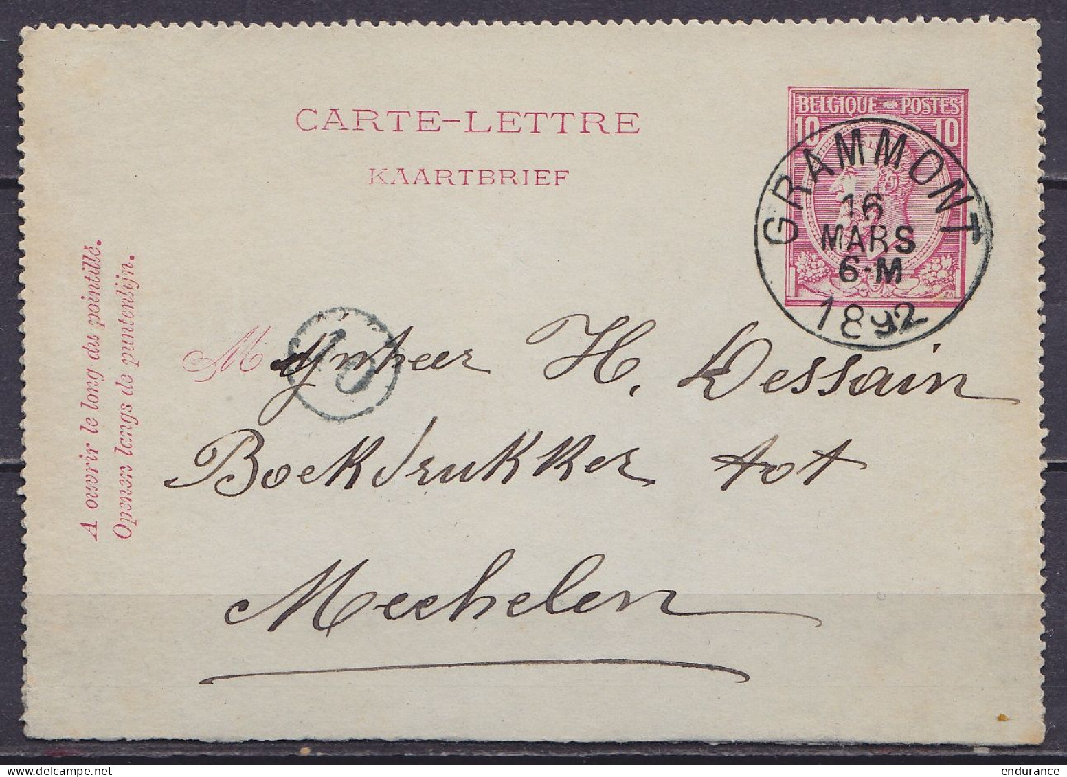 Carte-lettre 10c (N°46) Càd GRAMMONT /16 MARS 1892 Pour MECHELEN (au Dos: Càd Arrivée MALINES (STATION)) - Letter-Cards
