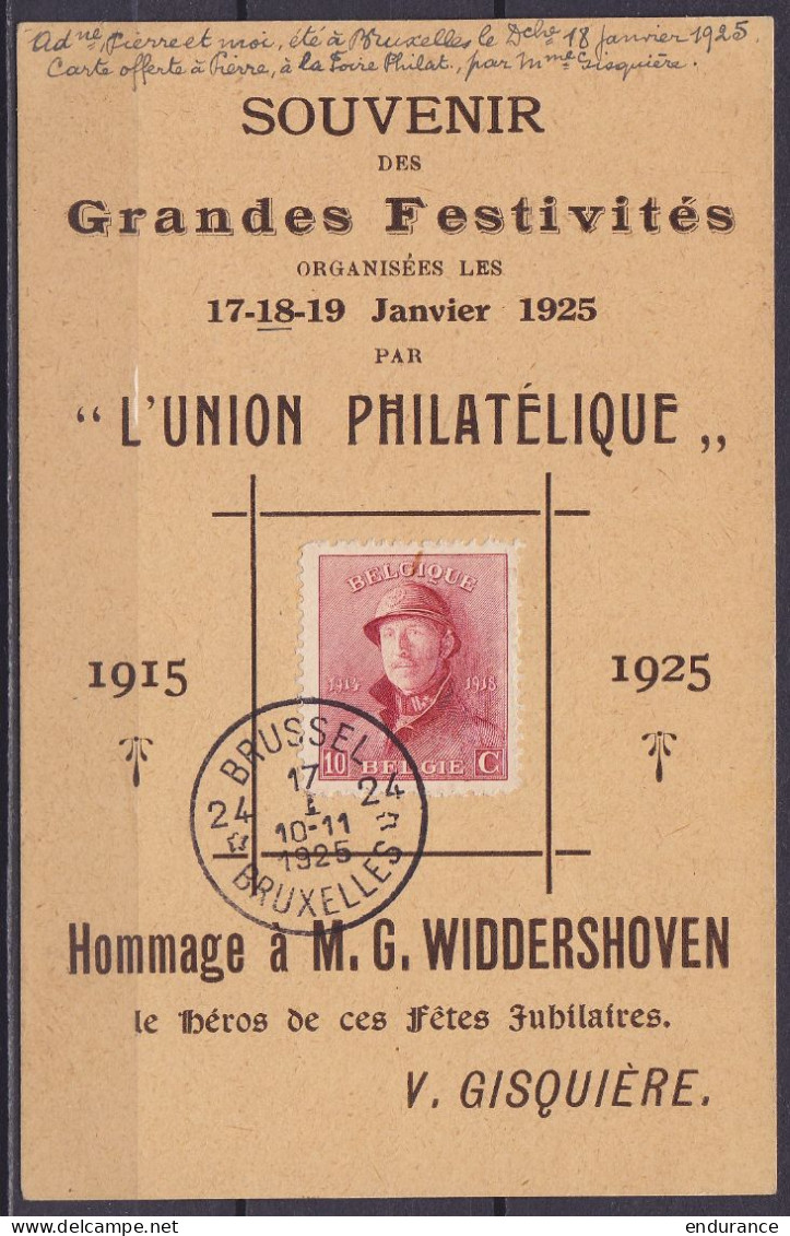 Carte Souvenir Des Grandes Festivités Organisées Par L'UNION PHILATELIQUE Affr. N°168 Càd "BRUSSEL 24* /17 I 1925/ BRUXE - 1919-1920 Trench Helmet