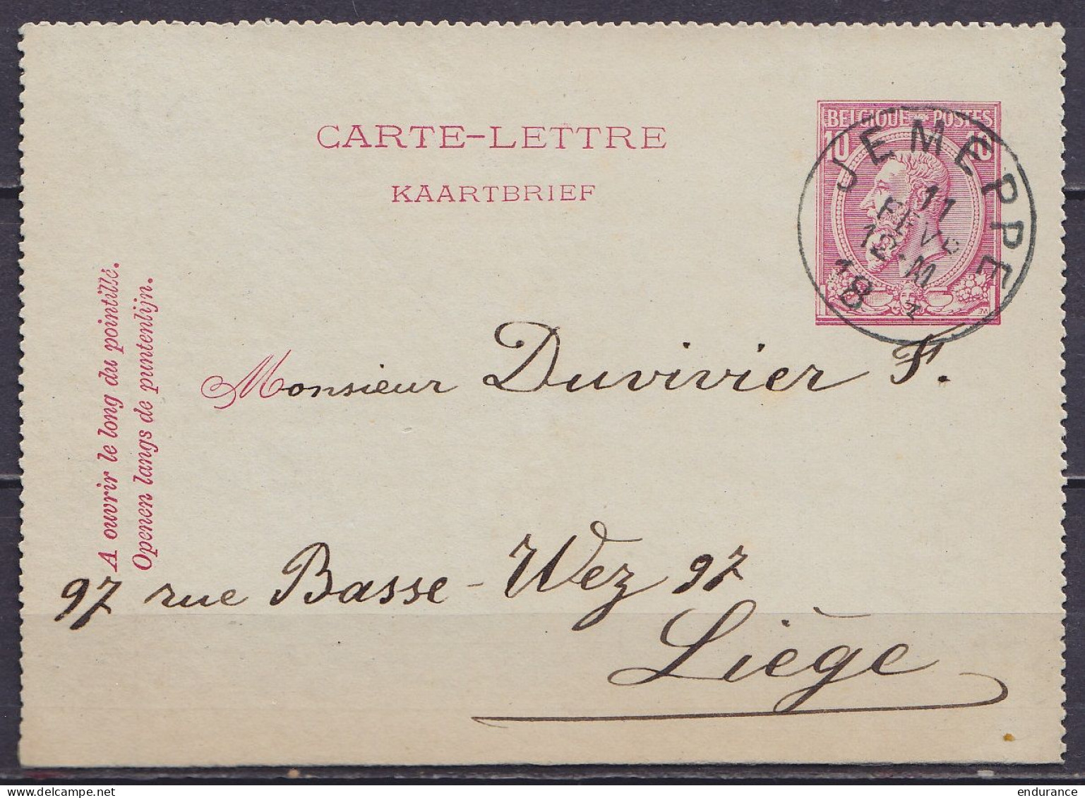 Carte-lettre 10c (N°46) Càd JEMEPPE /11 FEVR 1893 Pour LIEGE (au Dos: Càd Arrivée LIEGE) - Cartes-lettres