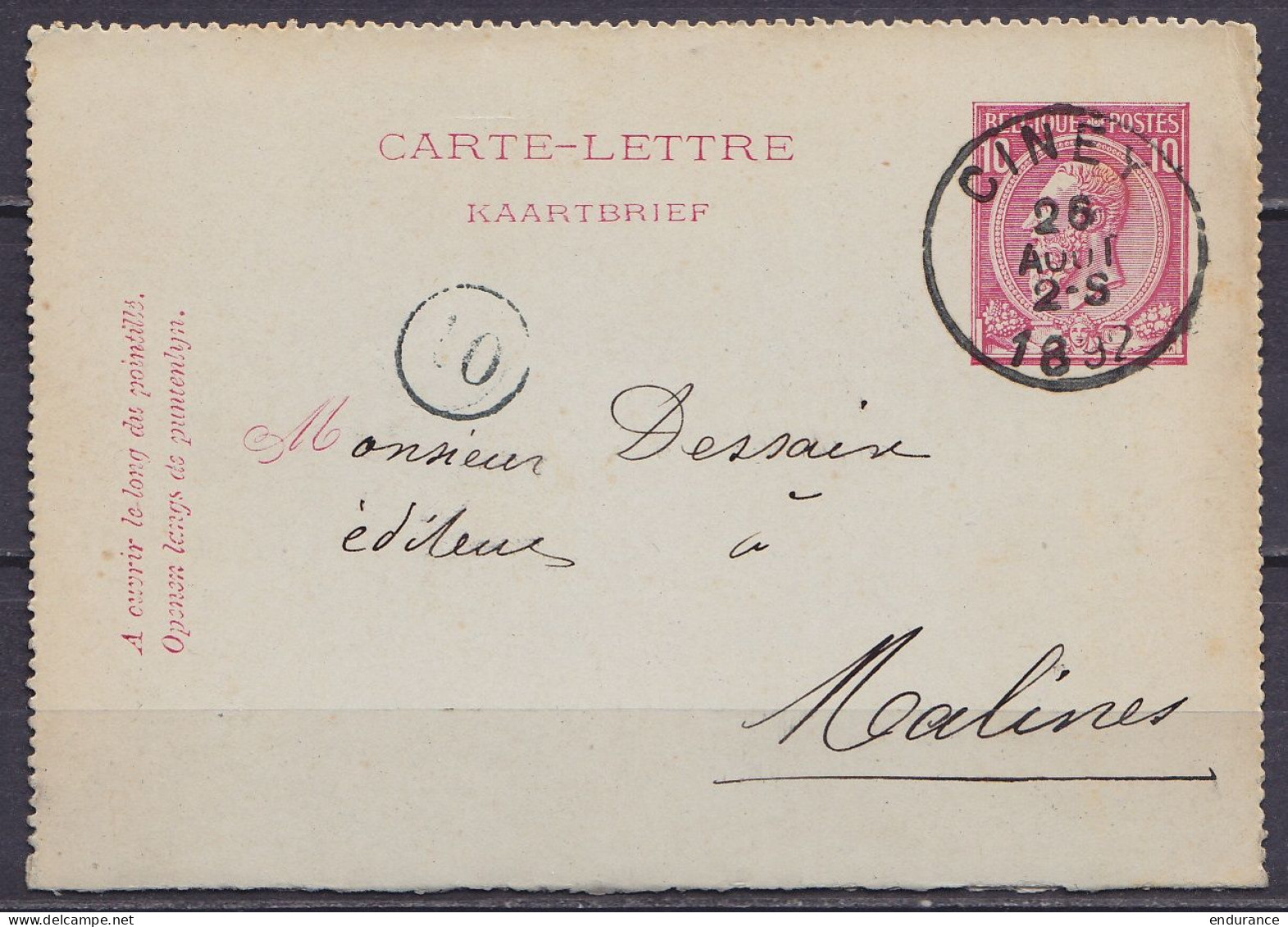 Carte-lettre 10c (N°46) Càd CINEY 26 AOUT 1892 Pour MALINES (au Dos: Càd Arrivée MALINES (STATION)) - Letter-Cards
