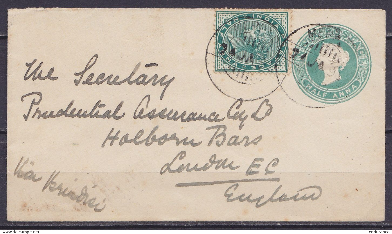 Inde - EP Enveloppe 1/2A + 1/2A Càpt MEPPADI /24 JA 1899 Pour LONDON EC (au Dos: Càd Arrivée LONDON.E.C. /FE 10 99) - 1882-1901 Empire