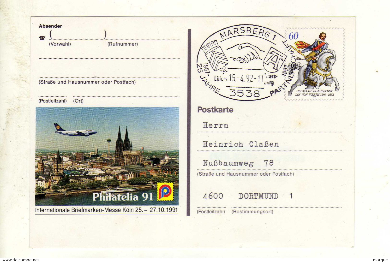 Carte Prêt à Poster ALLEMAGNE DEUTSCHE BUNDESPOST Oblitération MARSBERG 1 15/04/1992 - Bildpostkarten - Gebraucht