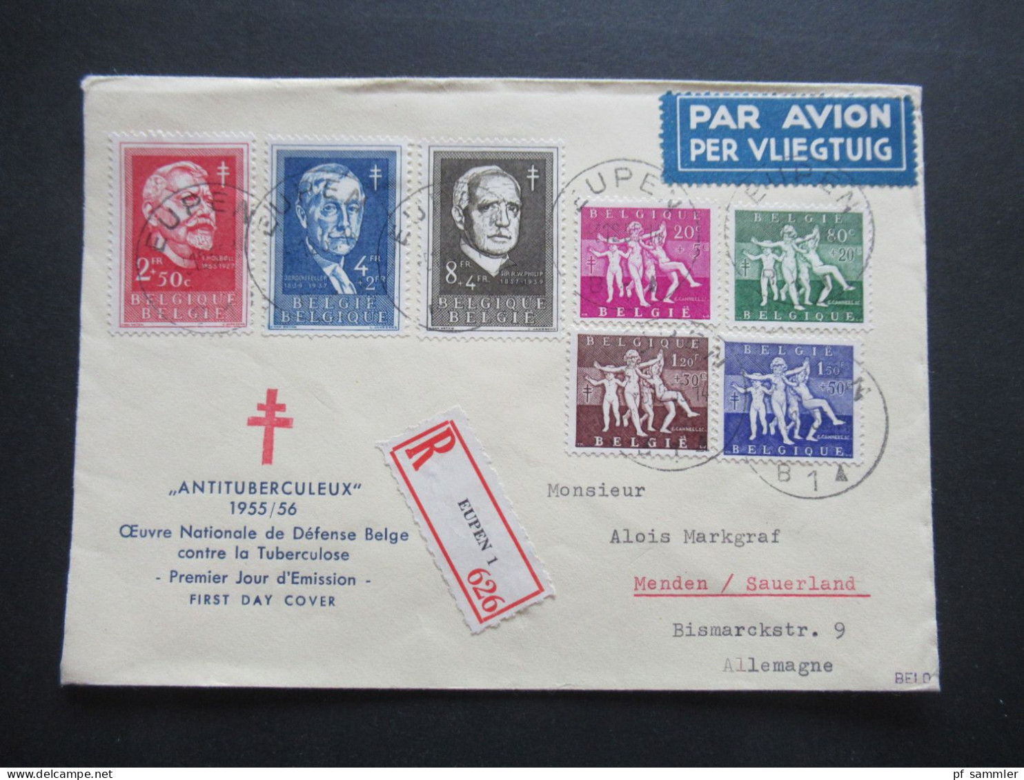 Belgien 1955 Tuberkulose Mi.Nr.1028 - 1034 Satzbrief Umschlag / FDC Antituberculeux Einschreiben Eupen 1 - Lettres & Documents