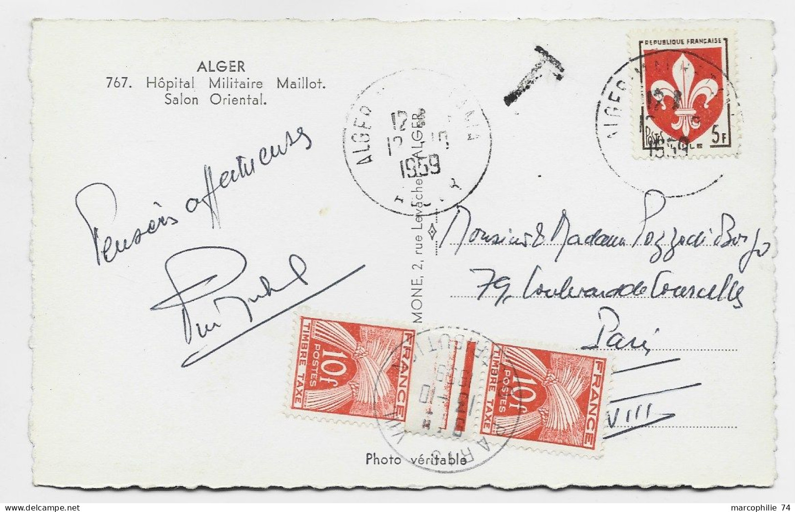 FRANCE BLASON 5FR LILLE SEUL CARTE 5 MOTS ALGER 12.10.1959 POUR PARIS TAXE 10FR GERBES X2 - 1941-66 Armoiries Et Blasons