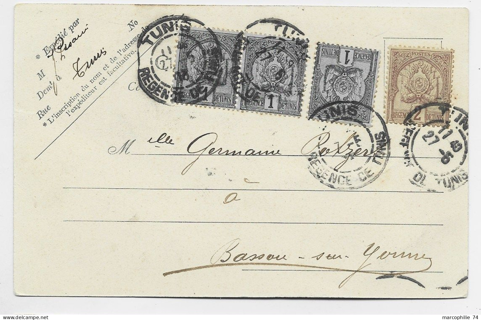 TUNISIE 1CX3+2C CARTE TUNIS REGENCE DE TUNIS 27.5.1903 - Lettres & Documents