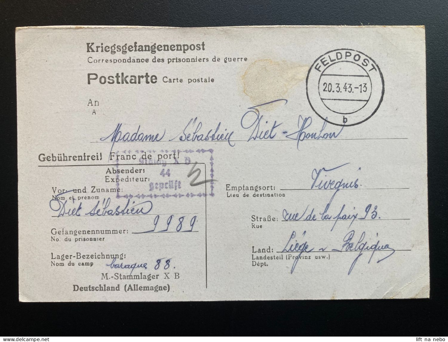 From Stalag X B 20.3.1943 To Belgium WWII WW2 POW Prisoner Of War Censuur Geprüft KRIEGSGEFANGENENPOST - Prisoners Of War Mail