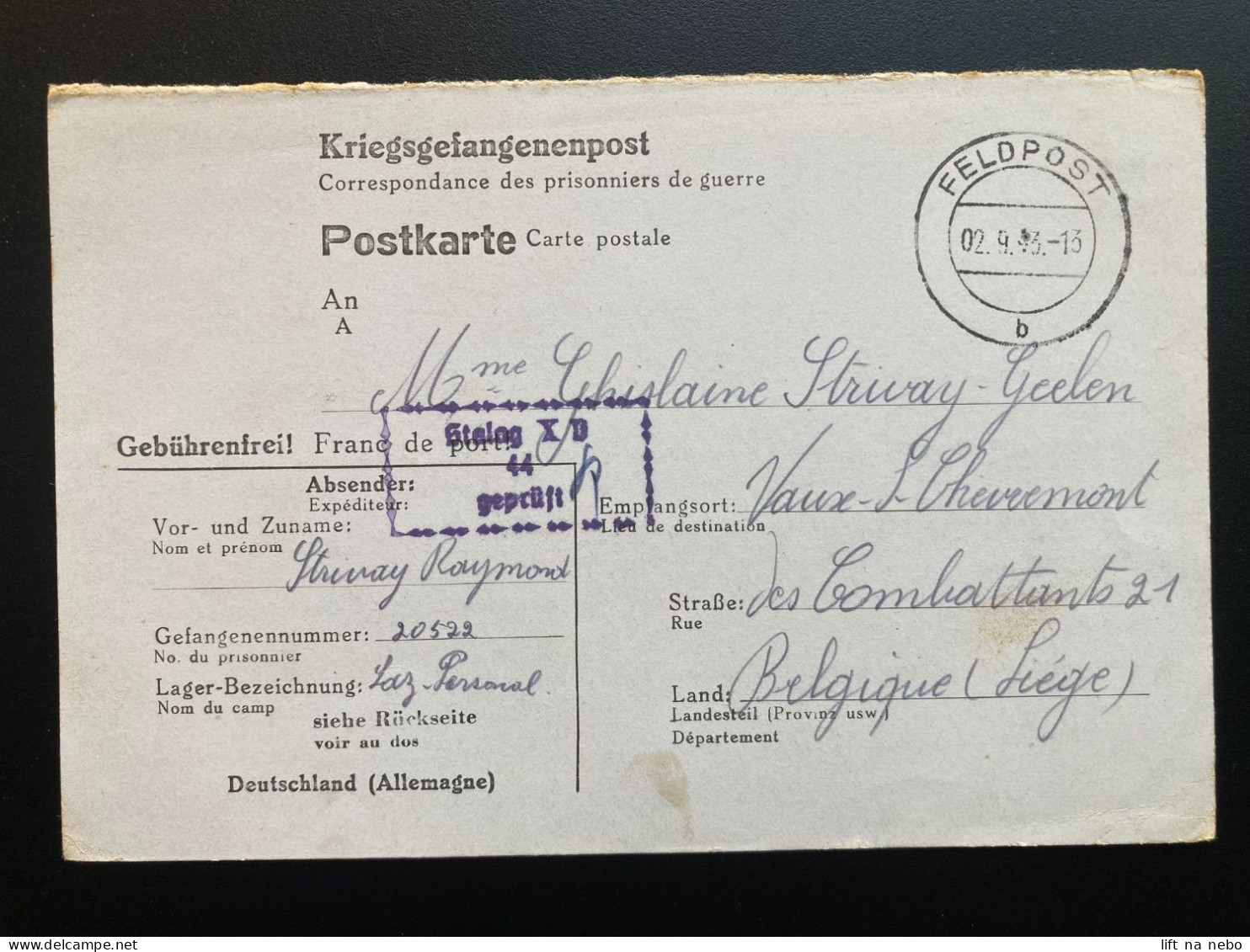 From Stalag X B 2.9.1943 To Belgium WWII WW2 POW Prisoner Of War Censuur Geprüft KRIEGSGEFANGENENPOST - Courriers De Prisonniers