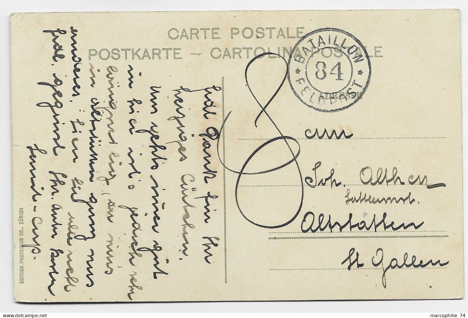 HELVETIA SUISSE AARBURG CARTE + BATAILLON 84 FELPOST POUR ST GALLEN - Postmarks