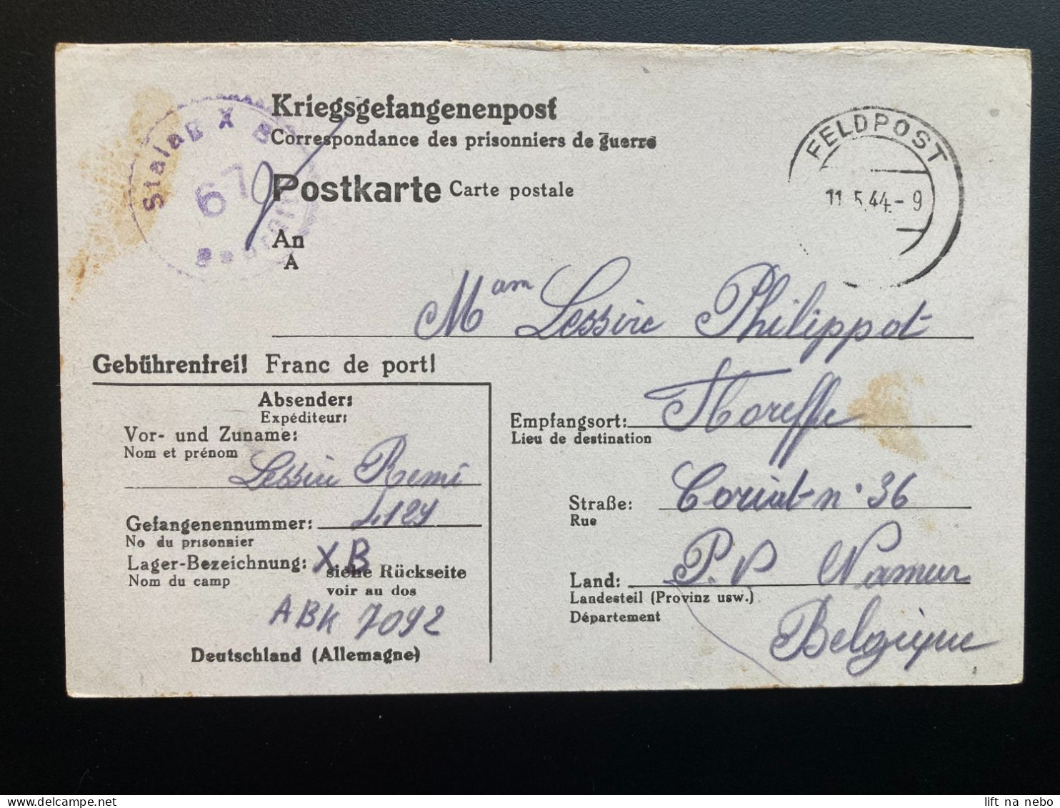 From Stalag X B 11.5.1944 To Belgium Namur WWII WW2 POW Prisoner Of War Censuur Geprüft KRIEGSGEFANGENENPOST - Prigionieri