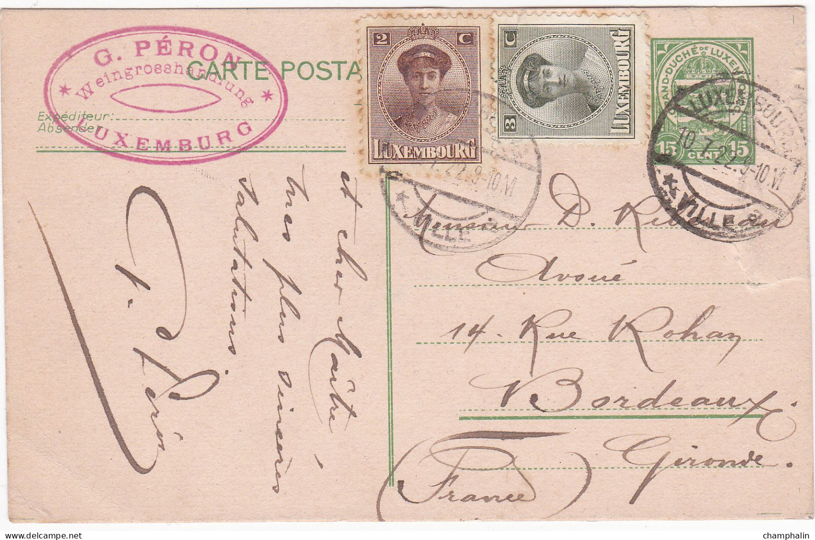 Luxembourg - Entier Postal De Luxembourg Pour Bordeaux (33) - 8 Juillet 1922 - Timbres 15c + YT 119 & 120 - 2 CAD Ronds - Postwaardestukken
